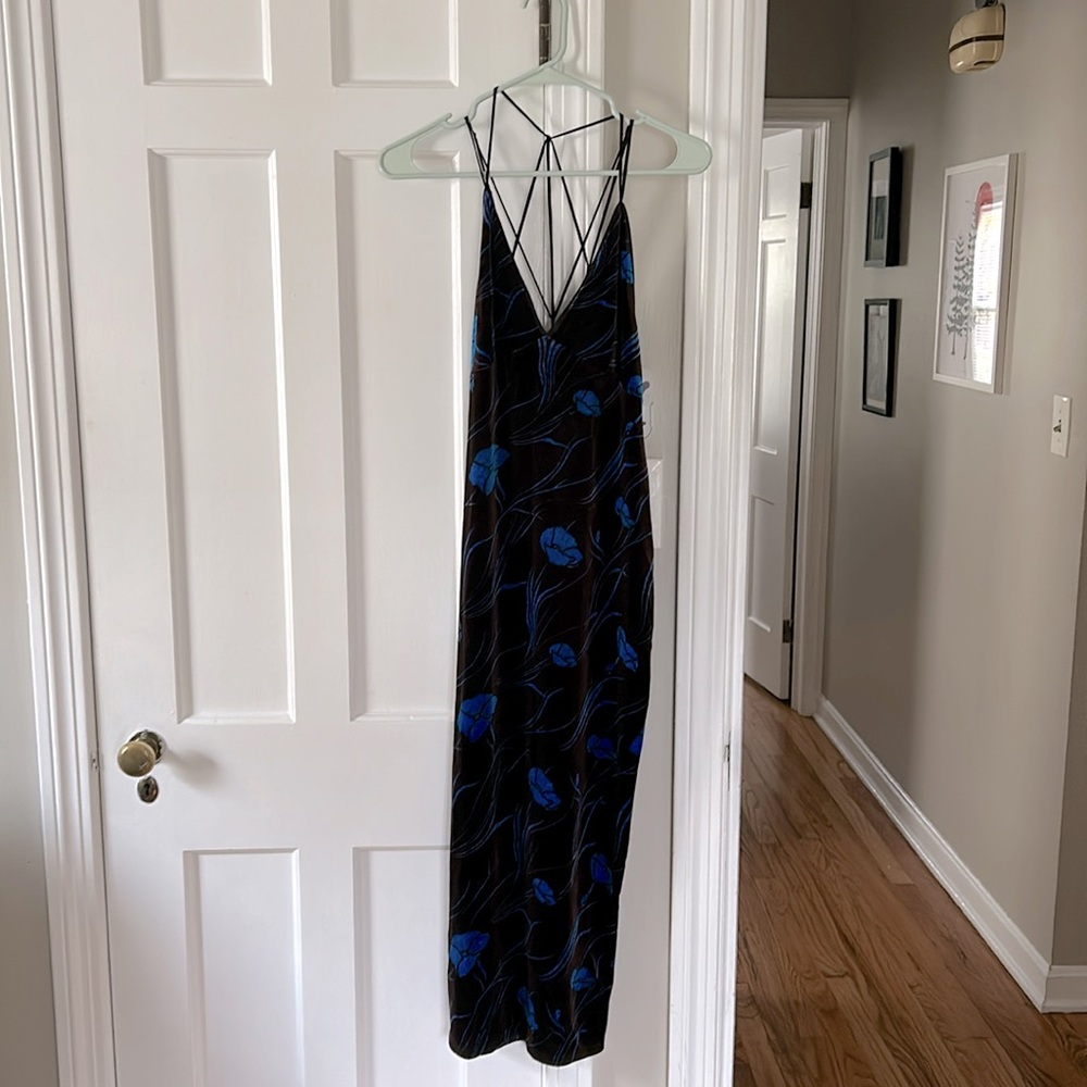 Ecote Black Slip Midi Dress with Blue Floral Print